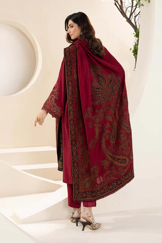 MARIA B - 3PC KHADDAR EMBROIDERED SHIRT WITH TWILL PRINTED SHAWL AND TROUSER - HZG2023
