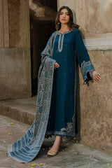 IZEL - 3PC DHANAK EMBROIDERED SHIRT WITH TWILL PRINTED SHAWL AND TROUSER - HZU2584