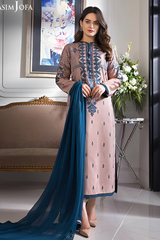 ASIM JOFA - 3PC DHANAK EMBROIDERED SHIRT WITH CHIFFON DUPATTA & TROUSER - HZG2361