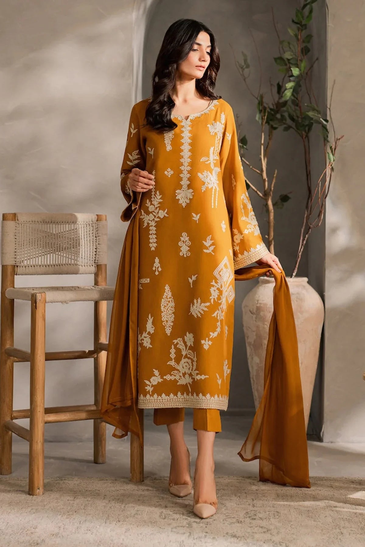 BATIK - 3PC DHANAK EMBROIDERED SHIRT WITH CHIFFON DUPATTA AND TROUSER - HZU2434