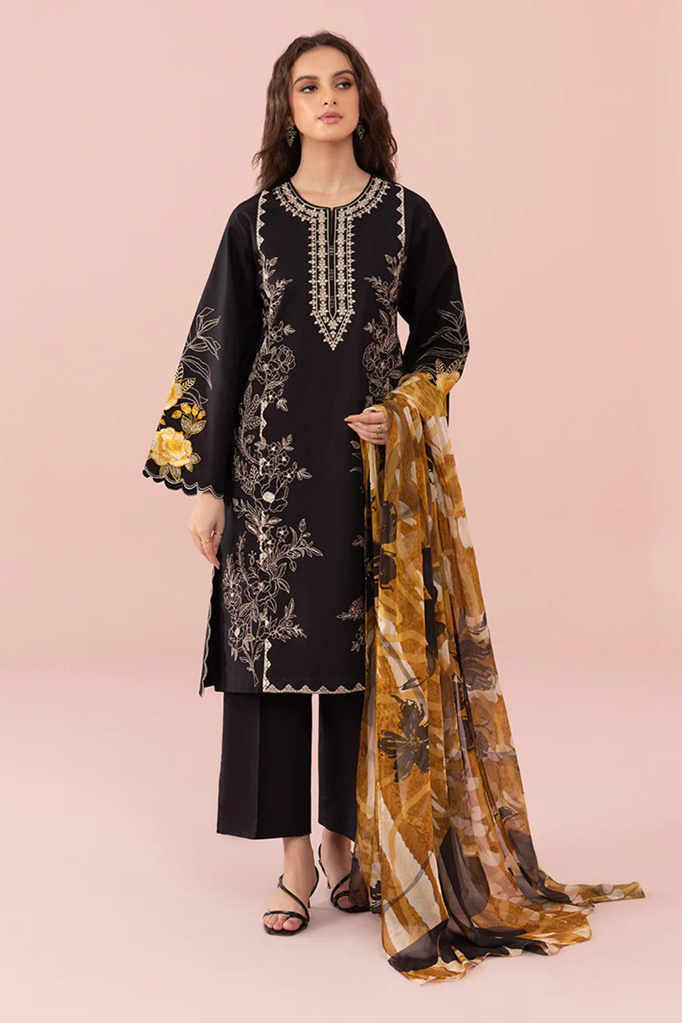 SAPPHIRE - 3PC  CAMBRIC EMBROIDERED SHIRT WITH PRINTED DUPATTA AND CAMBRIC TROUSER - HZG1290