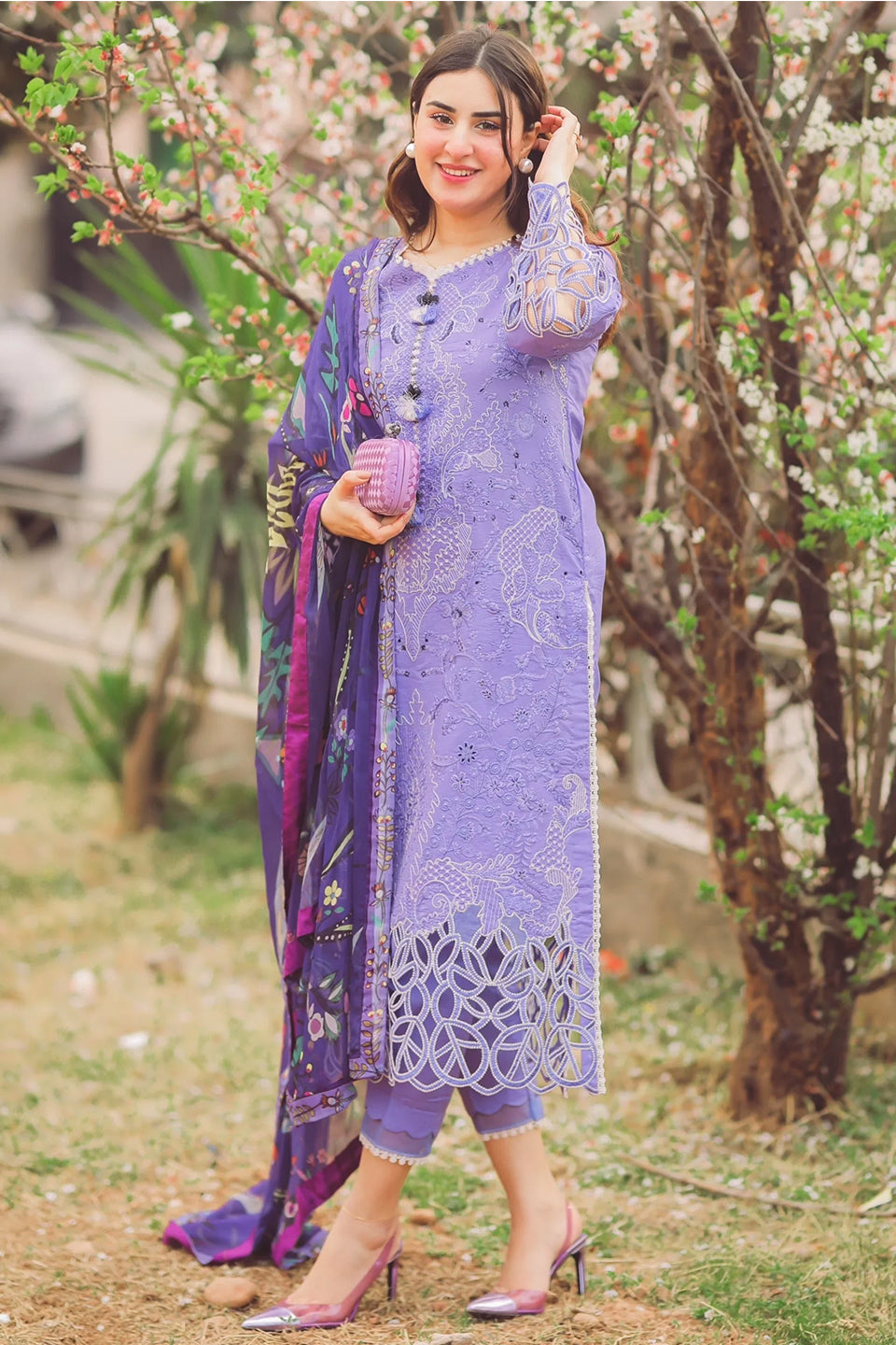 MUSHQ - 3PC DHANAK EMBROIDERED SHIRT WITH SILK PRINTED DUPATA AND TROUSER - HZG2543