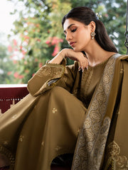 IZEL - 3PC DHANAK EMBROIDERED SHIRT WITH TWILL PRINTED SHAWL AND TROUSER - HZU2586