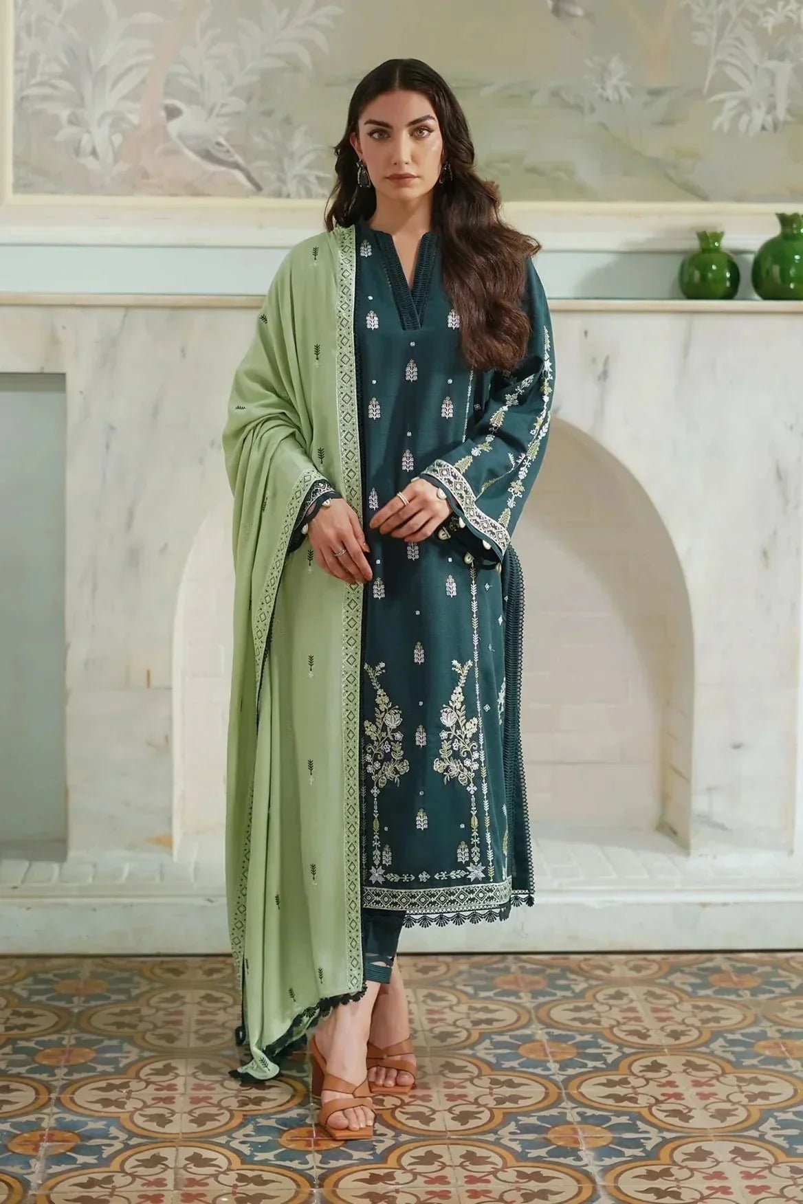 BATIK - 3PC DHANAK EMBROIDERED SHIRT WITH DHANAK EMBROIDERED SHAWL AND TROUSER - HZG2372