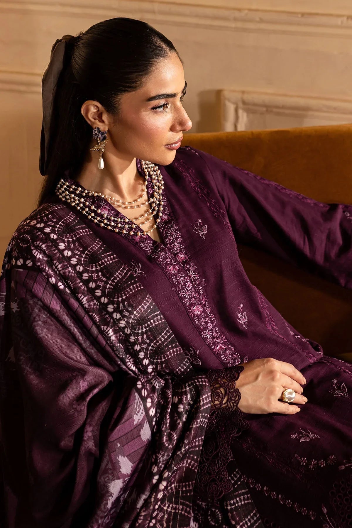 NUREH - 3PC DHANAK EMBROIDERED SHIRT WITH TWILL PRINTED SHAWL AND TROUSER - HZG2547