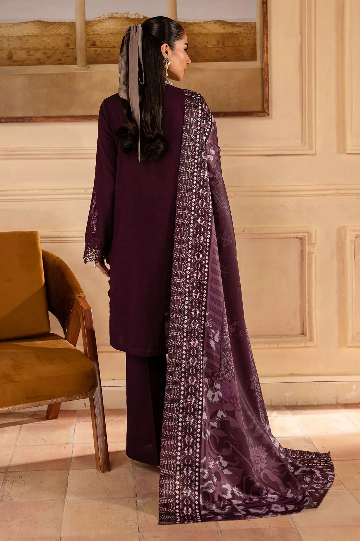 NUREH - 3PC DHANAK EMBROIDERED SHIRT WITH TWILL PRINTED SHAWL AND TROUSER - HZG2547
