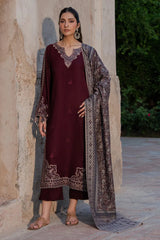 IZEL - 3PC DHANAK EMBROIDERED SHIRT WITH TWILL PRINTED SHAWL AND TROUSER - HZU2588
