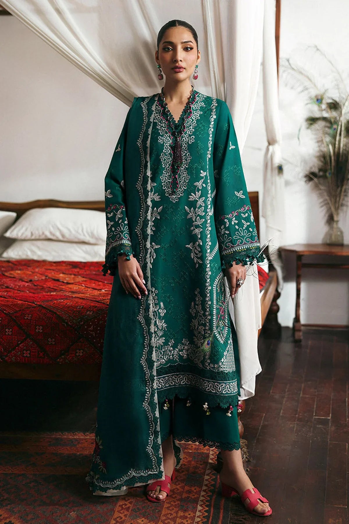 REPUBLIC WOMENSWEAR - 3PC DHANAK EMBROIDERED SHIRT WITH DHANAK EMBROIDERED SHAWL AND TROUSER - HZU2430