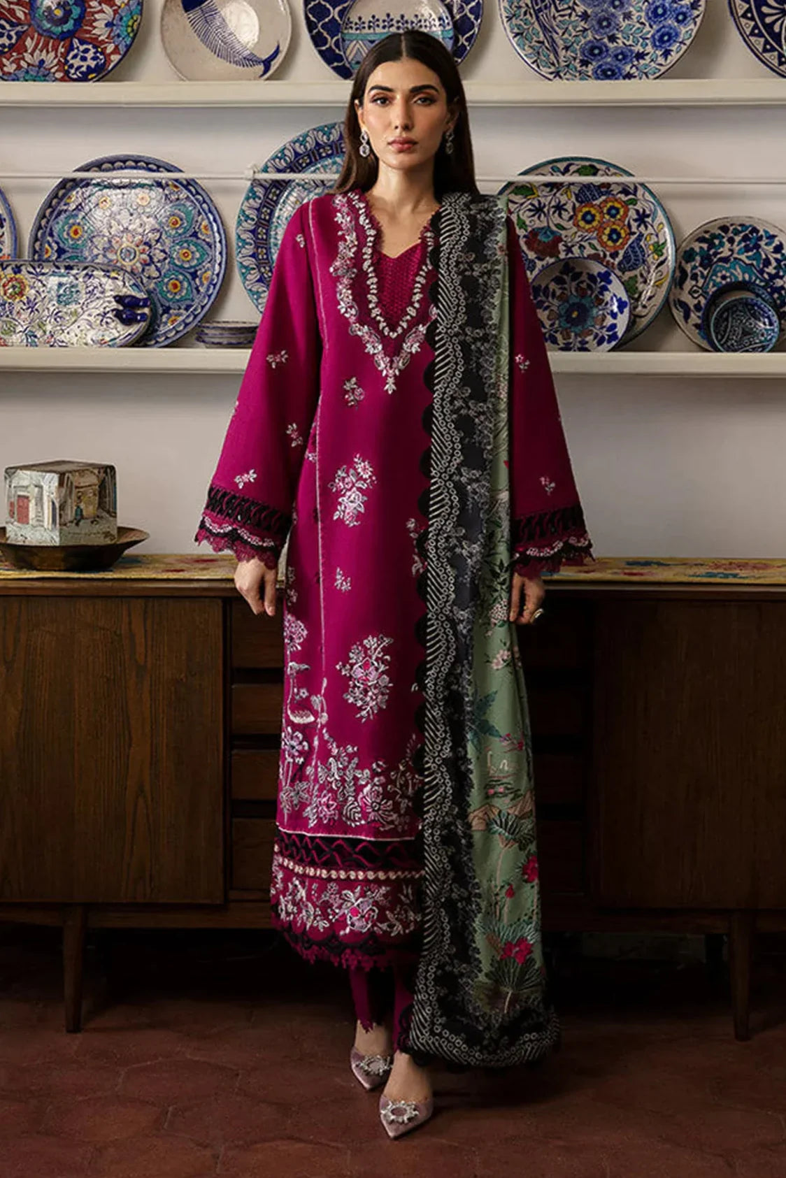 REPUBLIC WOMENSWEAR - 3PC DHANAK EMBROIDERED SHIRT WITH TWILL PRINTED SHAWL AND TROUSER - HZG2403