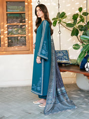 IZEL - 3PC DHANAK EMBROIDERED SHIRT WITH TWILL PRINTED SHAWL AND TROUSER - HZG2600