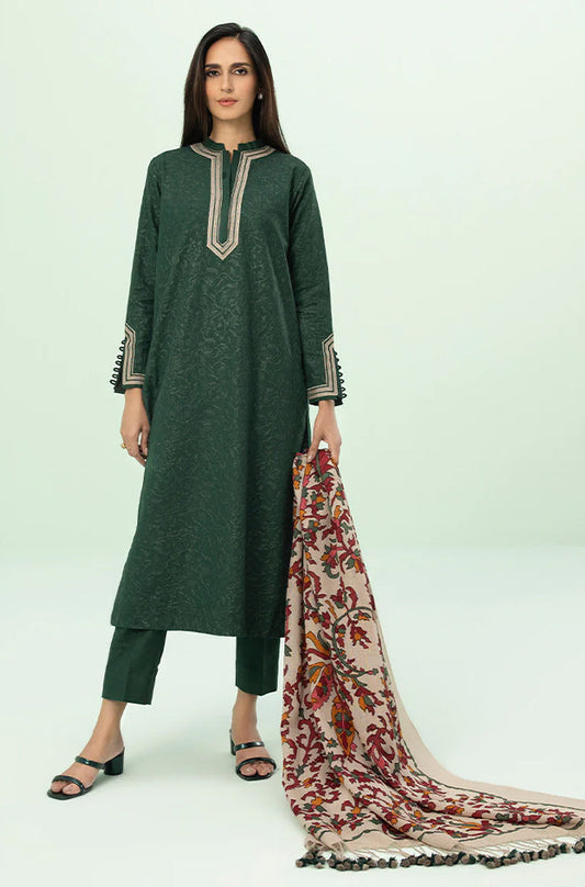 SAPPHIRE - 3PC KHADDAR EMBROIDERD SHIRT WITH KHADDAR TROUSER AND PRINTED WOOL SHAWL - HZG1356