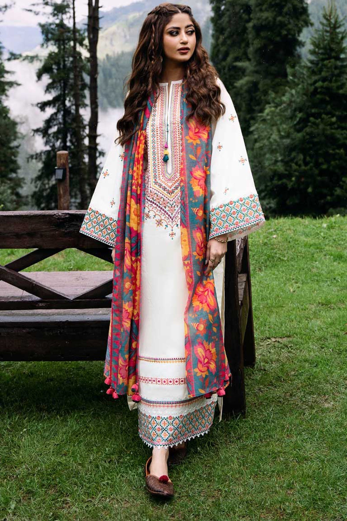 SAPPHIRE - 3PC DHANAK EMBROIDERED SHIRT WITH TWILL PRINTED SHAWL AND TROUSER - HZG1897