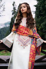 SAPPHIRE - 3PC DHANAK EMBROIDERED SHIRT WITH TWILL PRINTED SHAWL AND TROUSER - HZG1897