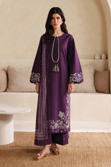 GARNET - 3PC DHANAK EMBROIDERED SHIRT WITH TWILL PRINTED SHAWL AND TROUSER - HZU2479