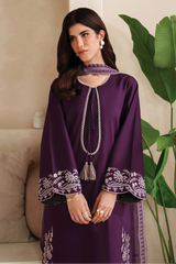 GARNET - 3PC DHANAK EMBROIDERED SHIRT WITH TWILL PRINTED SHAWL AND TROUSER - HZU2479