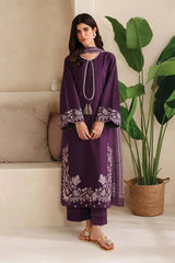 GARNET - 3PC DHANAK EMBROIDERED SHIRT WITH TWILL PRINTED SHAWL AND TROUSER - HZU2479