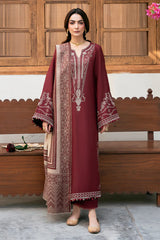IZEL - 3PC KHADDAR EMBROIDERED SHIRT WITH TWILL PRINTED SHAWL AND TROUSER - HZU2594