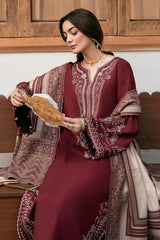 IZEL - 3PC KHADDAR EMBROIDERED SHIRT WITH TWILL PRINTED SHAWL AND TROUSER - HZU2594
