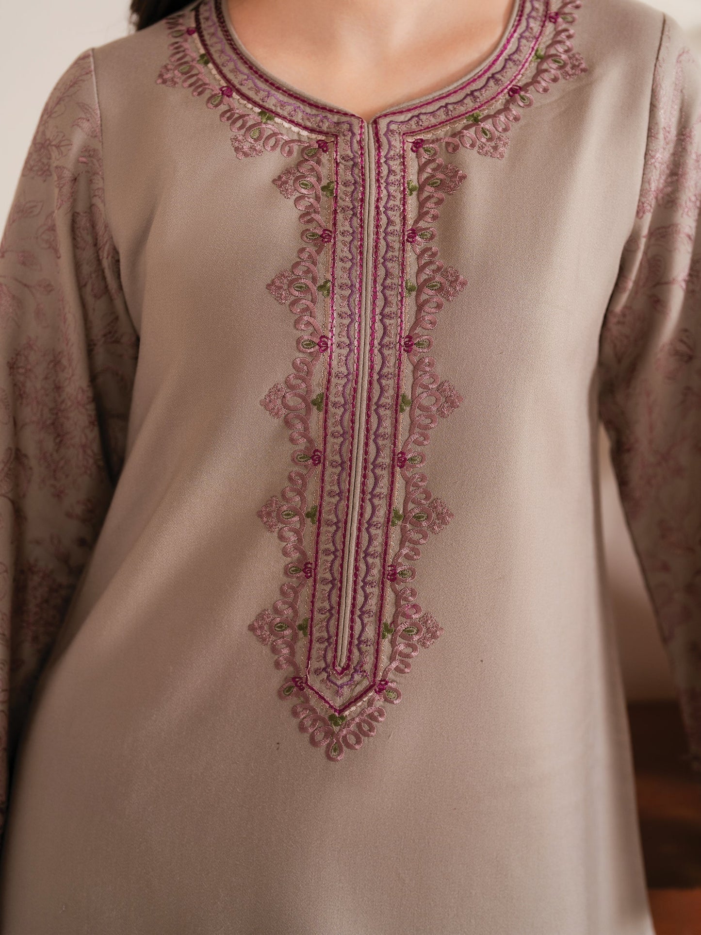GARNET - 3PC DHANAK EMBROIDERED SHIRT WITH TWILL PRINTED SHAWL AND TROUSER - HZU2431