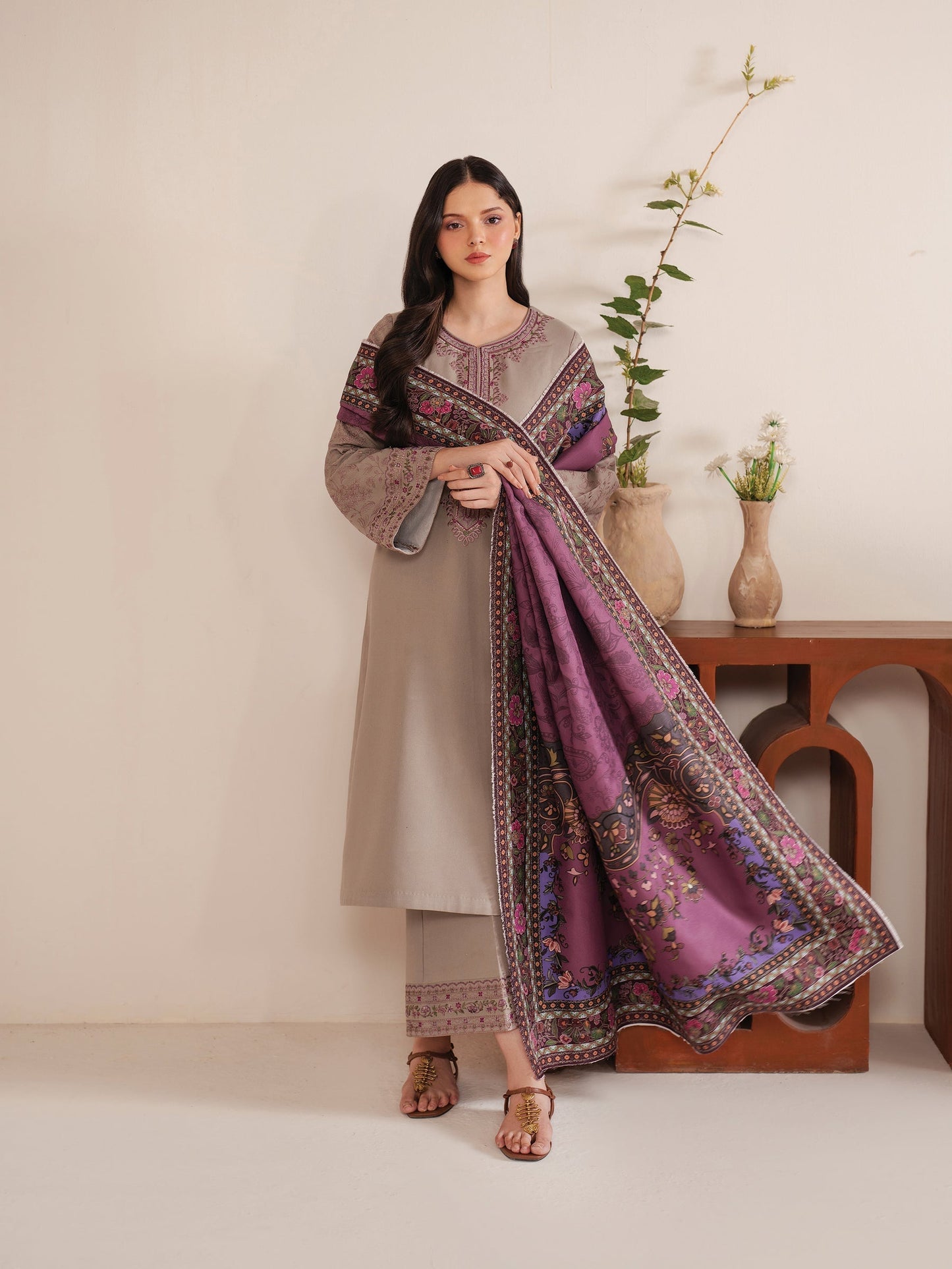 GARNET - 3PC DHANAK EMBROIDERED SHIRT WITH TWILL PRINTED SHAWL AND TROUSER - HZU2431