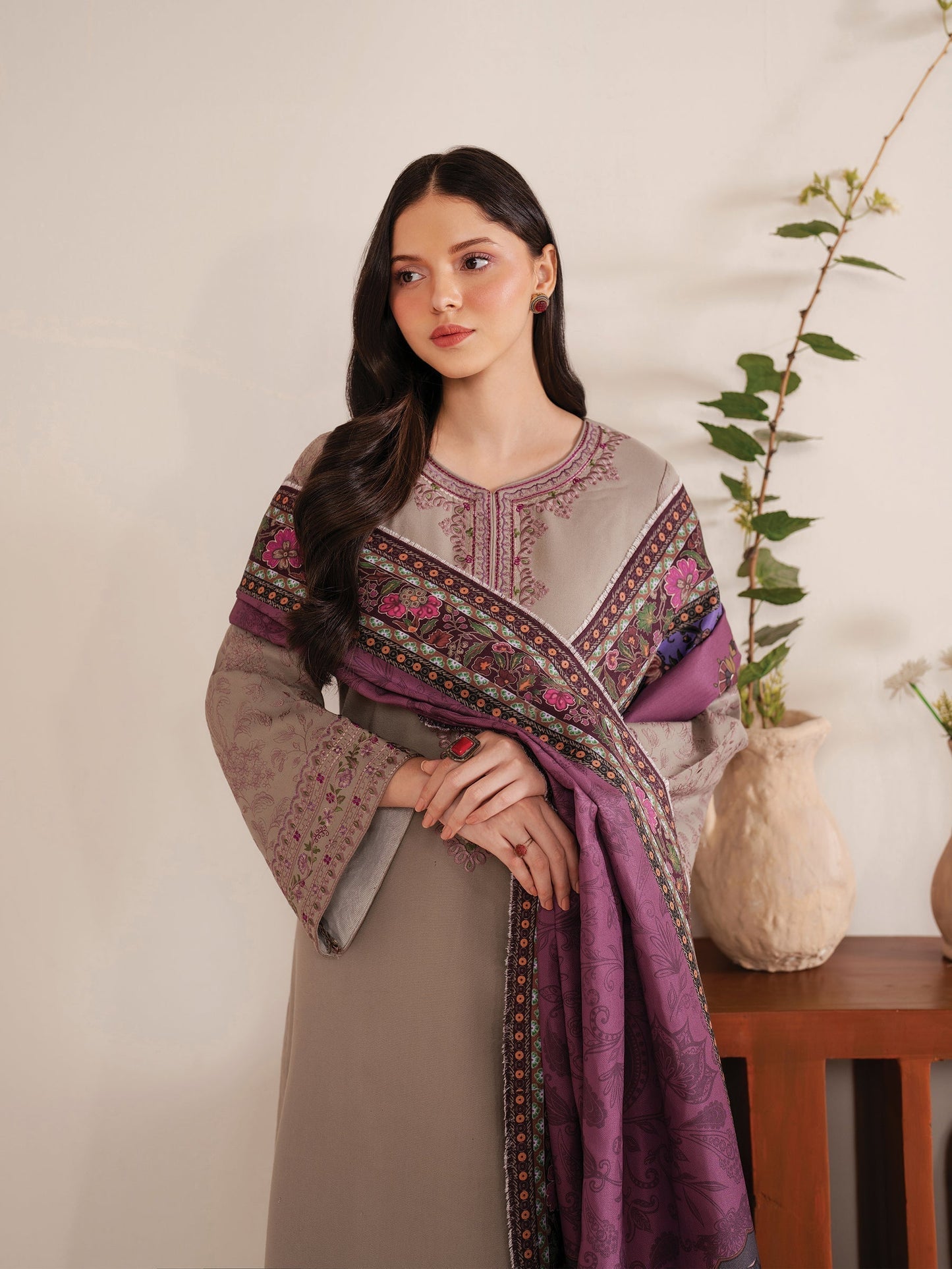 GARNET - 3PC DHANAK EMBROIDERED SHIRT WITH TWILL PRINTED SHAWL AND TROUSER - HZU2431