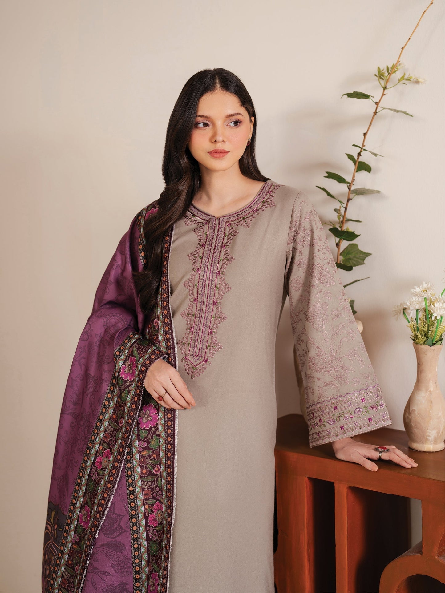 GARNET - 3PC DHANAK EMBROIDERED SHIRT WITH TWILL PRINTED SHAWL AND TROUSER - HZU2431
