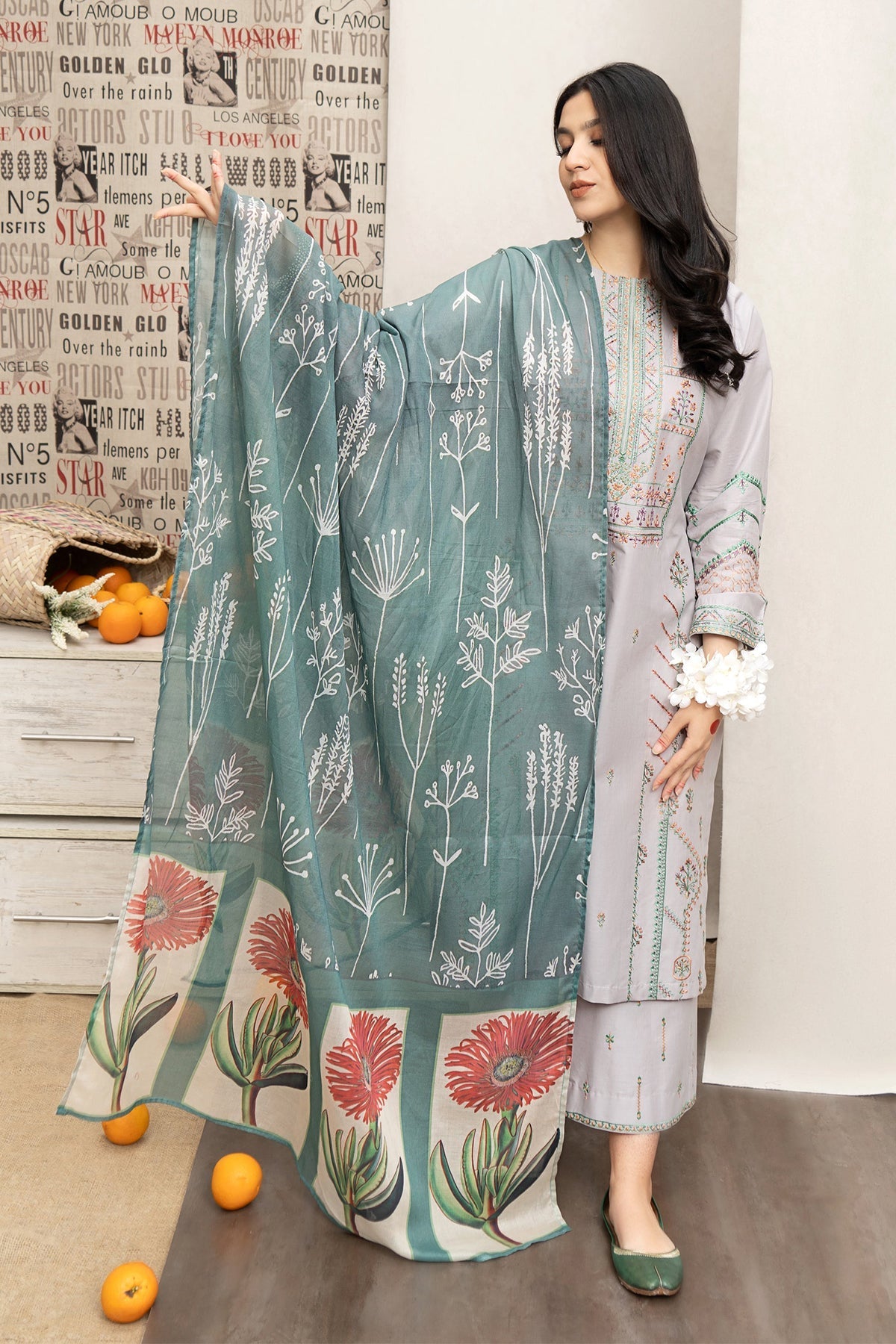 URGE - 3PC DHANAK EMBROIDERED SHIRT WITH TWILL PRINTED SHAWL AND TROUSER - HZG2358