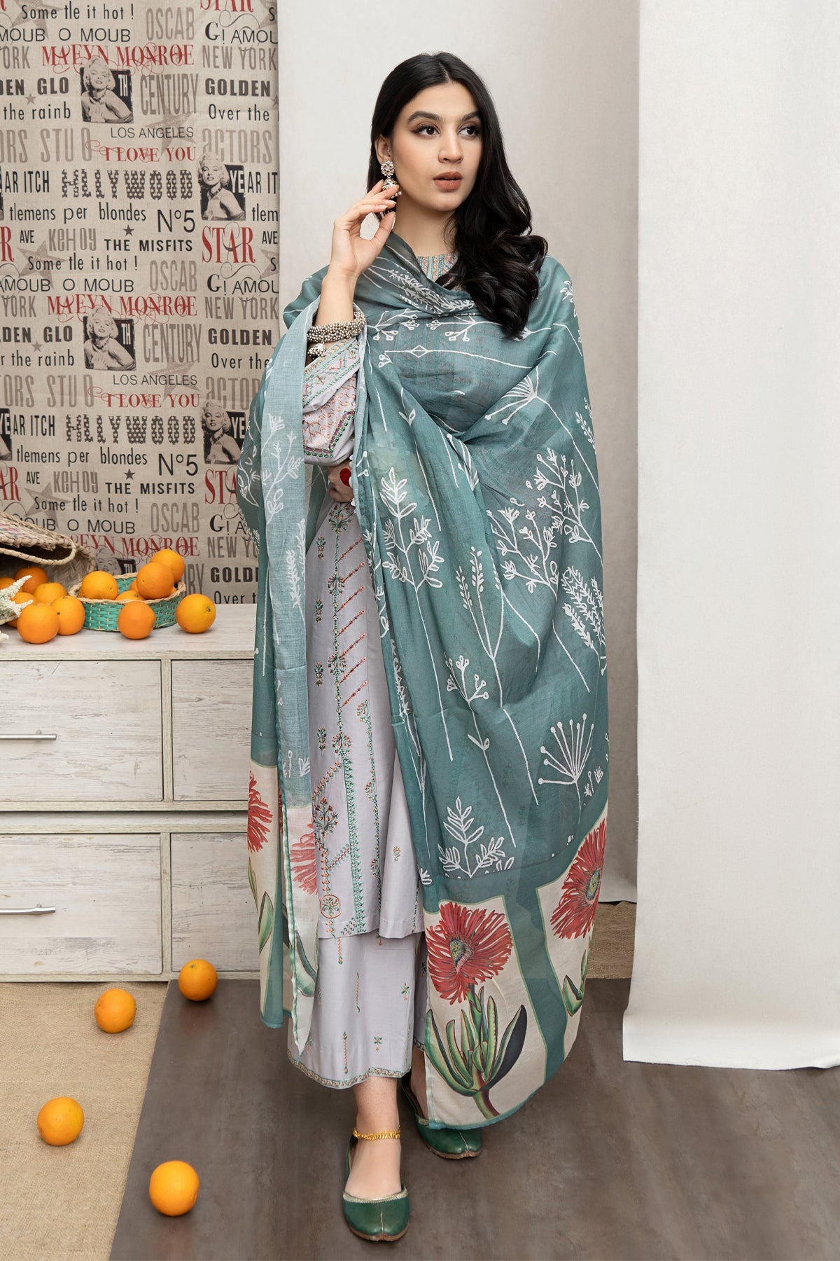 URGE - 3PC DHANAK EMBROIDERED SHIRT WITH TWILL PRINTED SHAWL AND TROUSER - HZG2358