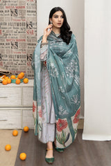 URGE - 3PC DHANAK EMBROIDERED SHIRT WITH TWILL PRINTED SHAWL AND TROUSER - HZG2358