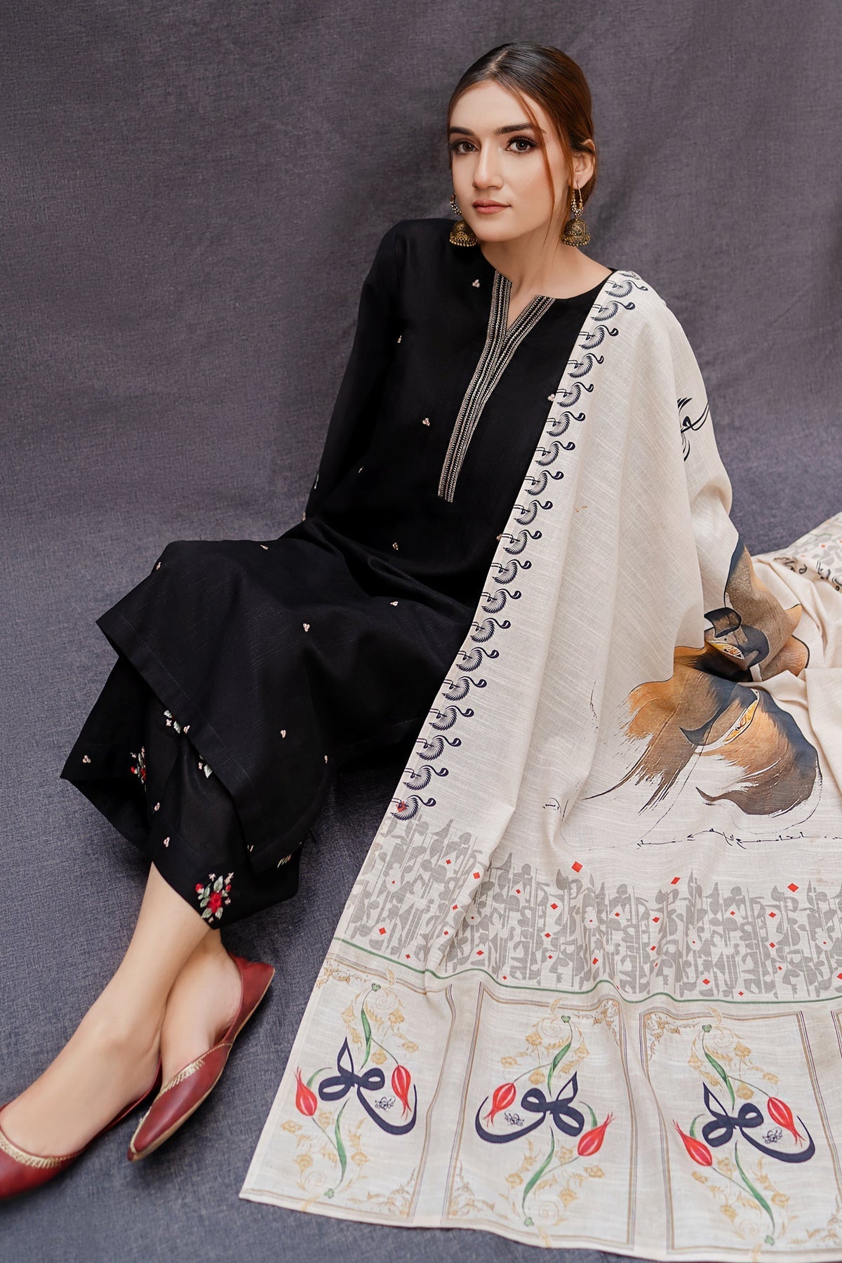 URGE - 3PC DHANAK EMBROIDERED SHIRT WITH TWILL PRINTED SHAWL AND TROUSER - HZG1461