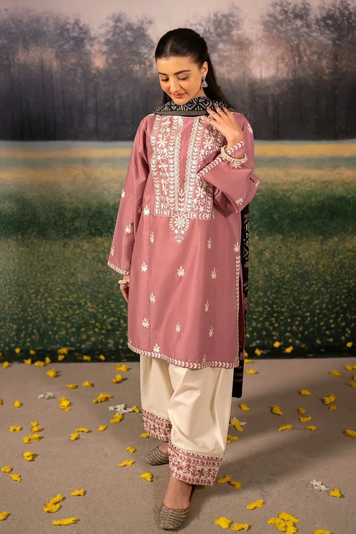 URGE - 3PC DHANAK EMBROIDERED SHIRT WITH TWILL PRINTED SHAWL AND TROUSER - HZG2390