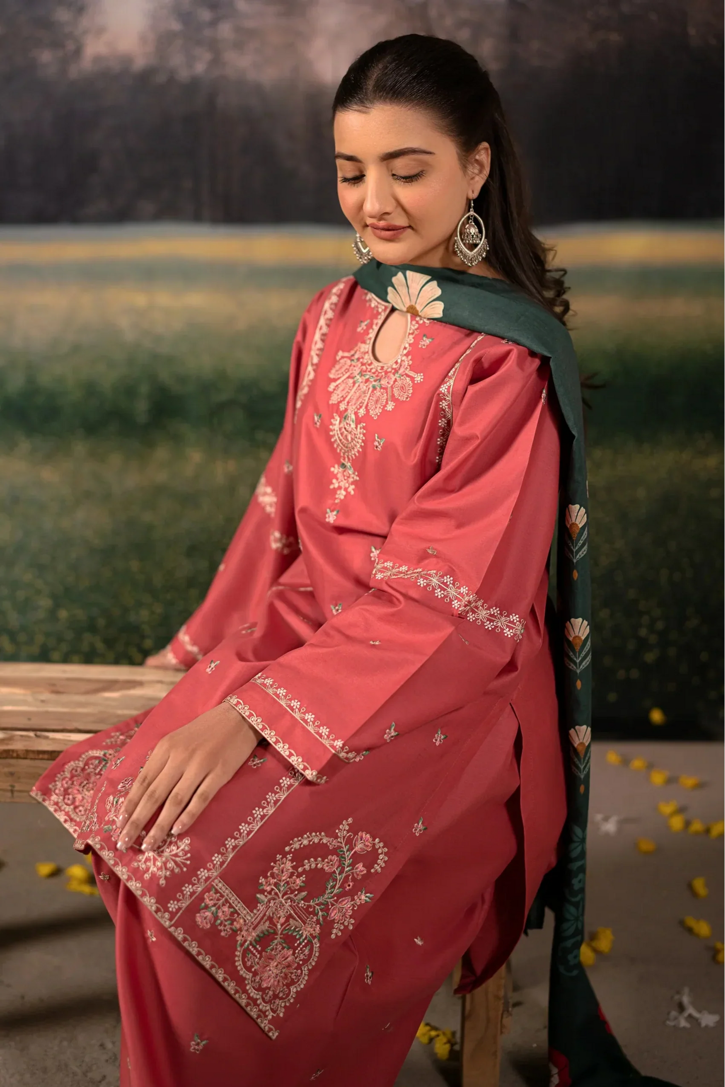 URGE - 3PC DHANAK EMBROIDERED SHIRT WITH TWILL PRINTED SHAWL AND TROUSER - HZG2385