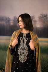 URGE - 3PC DHANAK EMBROIDERED SHIRT WITH TWILL PRINTED SHAWL AND TROUSER - HZG2371