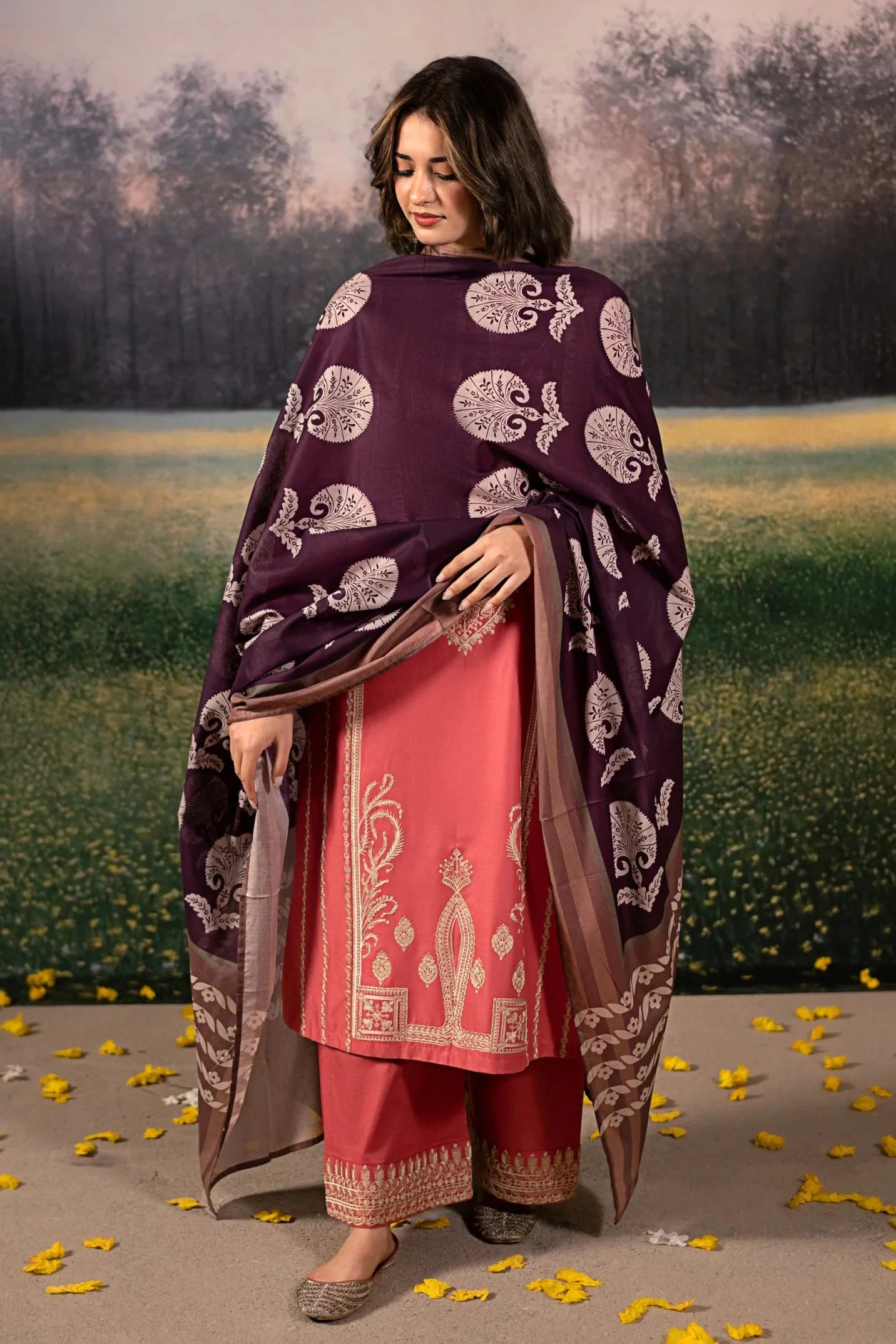 URGE - 3PC DHANAK EMBROIDERED SHIRT WITH TWILL PRINTED SHAWL AND TROUSER - HZG2389