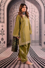 URGE - 3PC DHANAK EMBROIDERED SHIRT WITH TWILL PRINTED SHAWL AND TROUSER - HZG2367