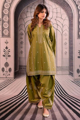 URGE - 3PC DHANAK EMBROIDERED SHIRT WITH TWILL PRINTED SHAWL AND TROUSER - HZG2367
