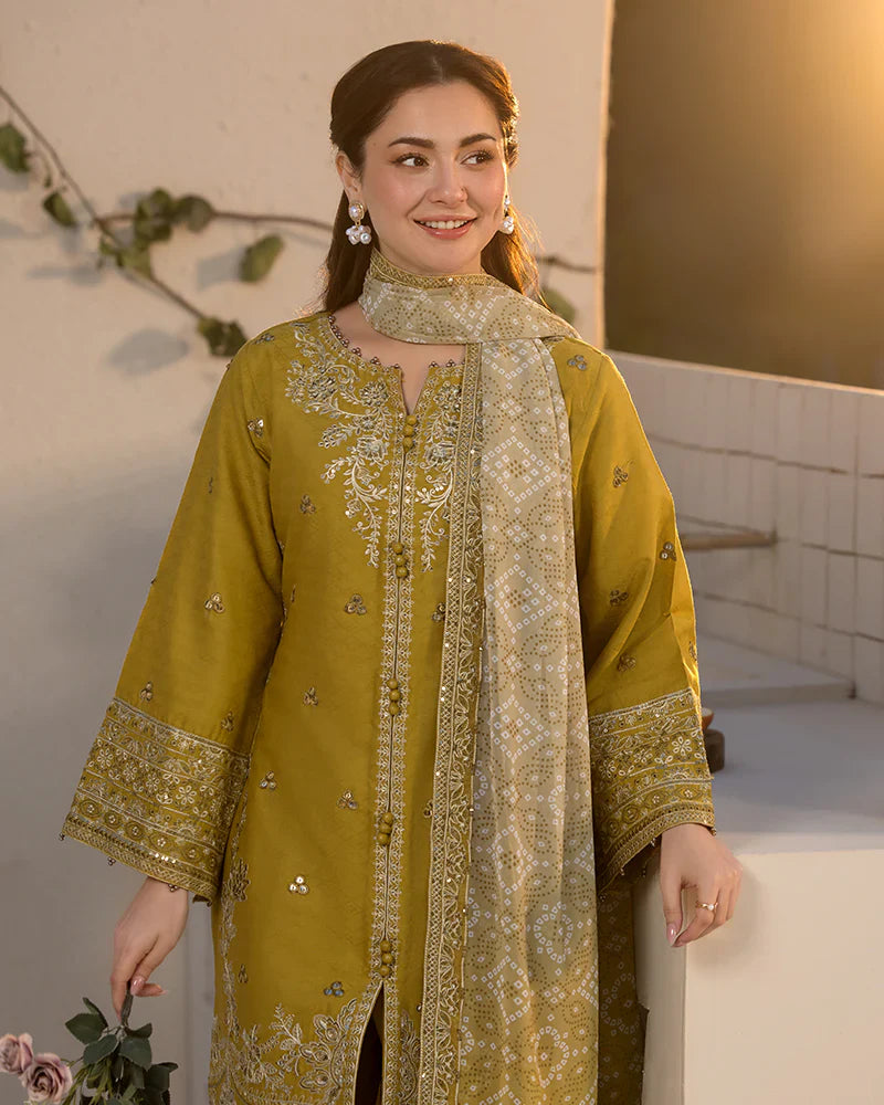 JADE - 3PC DHANAK EMBROIDERED SHIRT WITH TWILL PRINTED SHAWL AND TROUSER - HZG2269