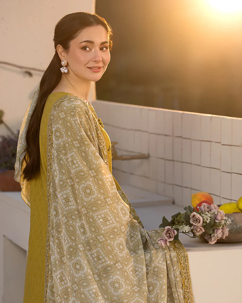 JADE - 3PC DHANAK EMBROIDERED SHIRT WITH TWILL PRINTED SHAWL AND TROUSER - HZG2269