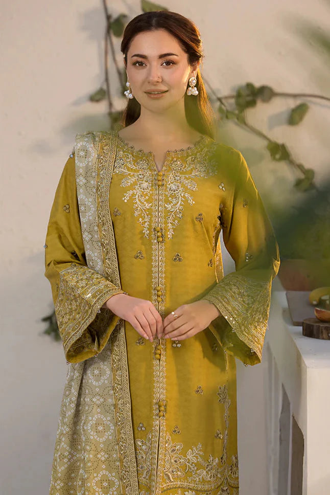 JADE - 3PC DHANAK EMBROIDERED SHIRT WITH TWILL PRINTED SHAWL AND TROUSER - HZG2269