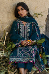 ZAHA - 3PC DHANAK EMBROIDERED SHIRT WITH DHANAK EMBROIDERED SHAWL AND TROUSER - HZG2316