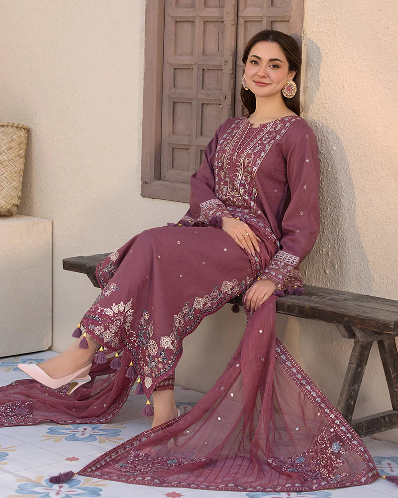 JADE - 3PC DHANAK EMBROIDERED SHIRT WITH DHANAK EMBROIDERED DUPATTA AND TROUSER - HZG2225