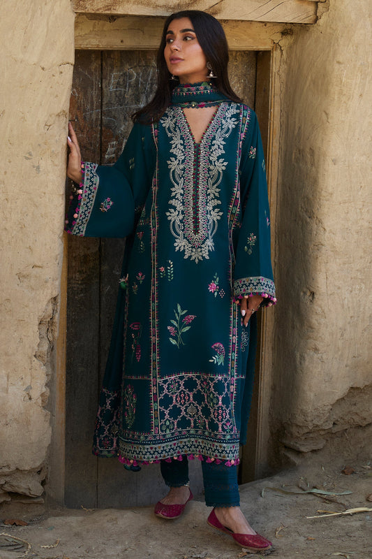ZAHA - 3PC DHANAK EMBROIDERED SHIRT WITH DHANAK EMBROIDERED SHAWL AND TROUSER - HZG2316