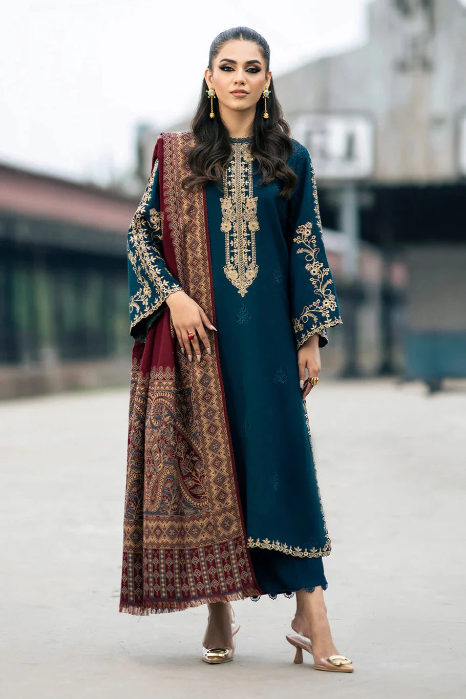 IZEL - 3PC DHANAK EMBROIDERED SHIRT WITH TWILL PRINTED SHAWL AND TROUSER - HZG2419