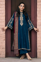 IZEL - 3PC DHANAK EMBROIDERED SHIRT WITH TWILL PRINTED SHAWL AND TROUSER - HZG2419