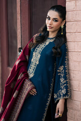 IZEL - 3PC DHANAK EMBROIDERED SHIRT WITH TWILL PRINTED SHAWL AND TROUSER - HZG2419