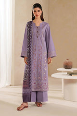 GARNET - 3PC DHANAK EMBROIDERED SHIRT WITH TWILL PRINTED SHAWL AND TROUSER - HZU2483