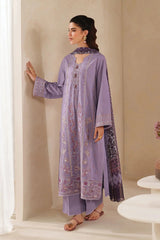 GARNET - 3PC DHANAK EMBROIDERED SHIRT WITH TWILL PRINTED SHAWL AND TROUSER - HZU2483