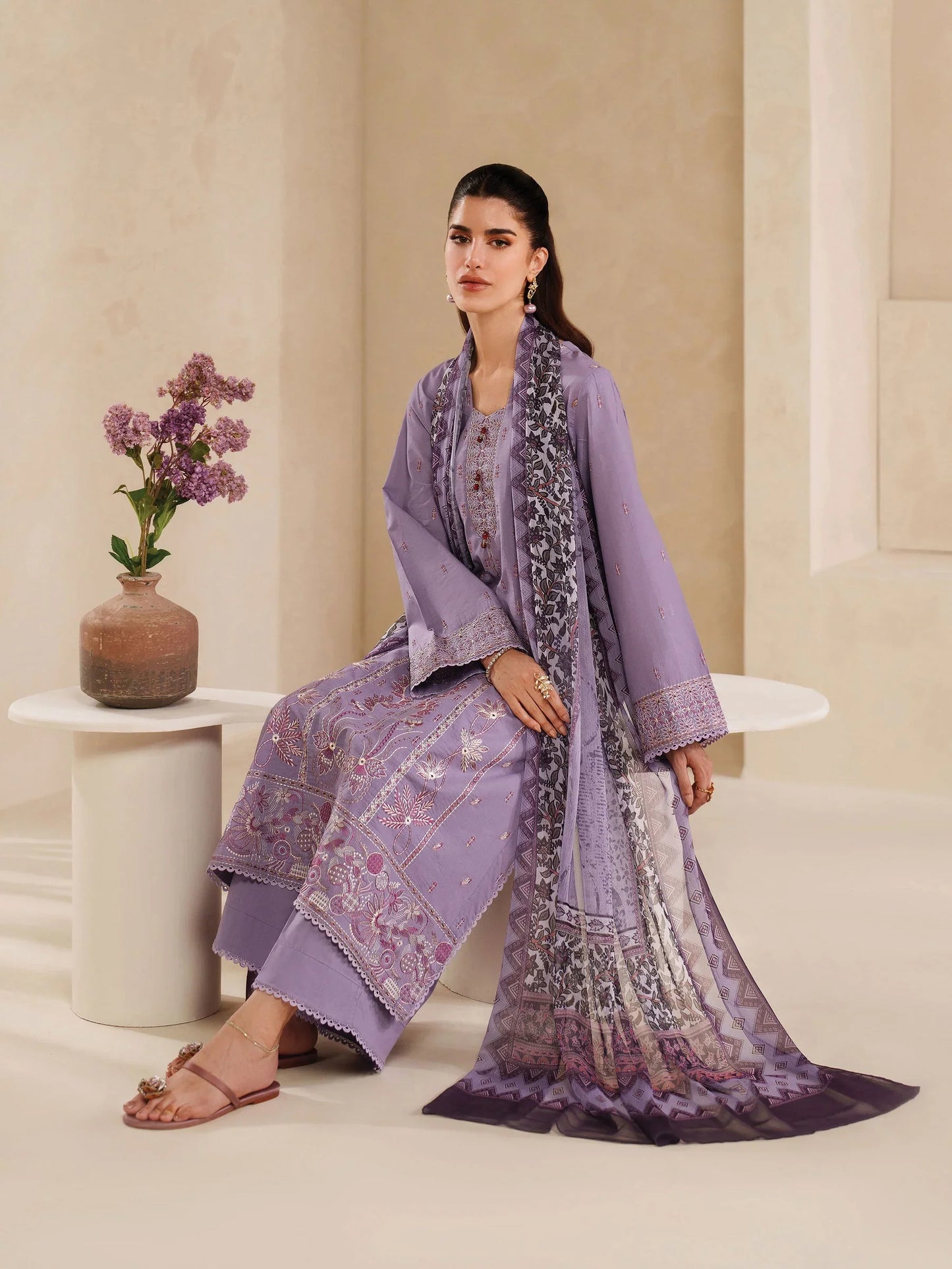 GARNET - 3PC DHANAK EMBROIDERED SHIRT WITH TWILL PRINTED SHAWL AND TROUSER - HZU2483