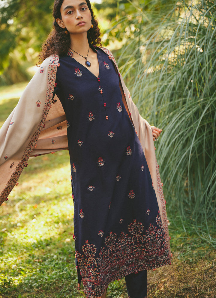 MARIA B - 3PC DHANAK EMBROIDERED SHIRT WITH DHANAK EMBROIDERED SHAWL AND TROUSER - HZG1481
