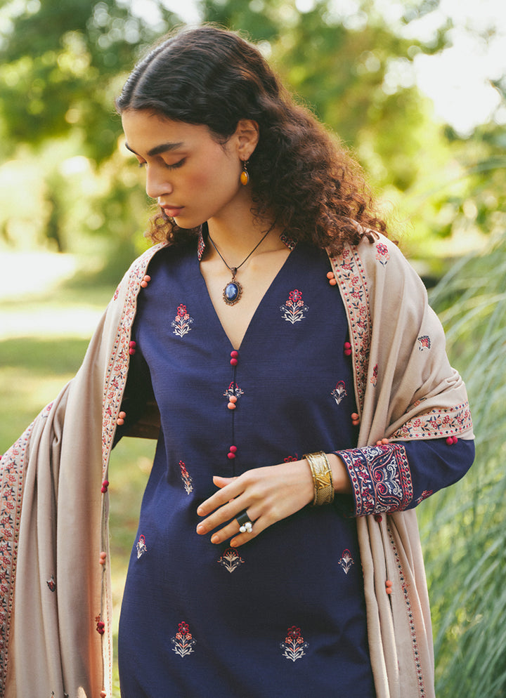 MARIA B - 3PC DHANAK EMBROIDERED SHIRT WITH DHANAK EMBROIDERED SHAWL AND TROUSER - HZG1481